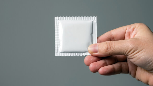 Close-up of hand holding discreet white condom packaging for safe sex awareness and health promotion