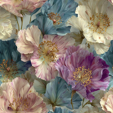 Soft pastel floral pattern with large blooming flowers in shades of purple, blue, cream, and pink, featuring delicate petals and detailed stamens creating refined elegant design