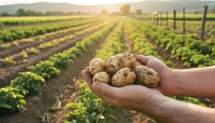 Hands Holding Freshly Harvested Potatoes in Field © redflower