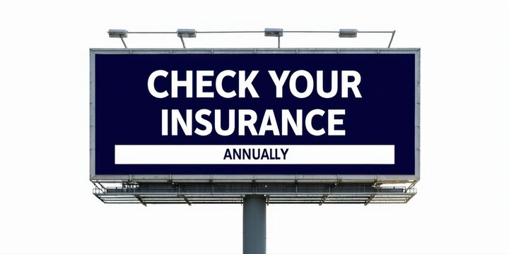 Billboard displays message requesting insurance check annually. Simple design, dark blue background, white text. Minimalist advertising concept.