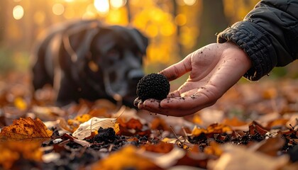 Naklejka premium Hand holding a freshly harvested black truffle in an autumn forest with a black dog sitting blurred in the background
