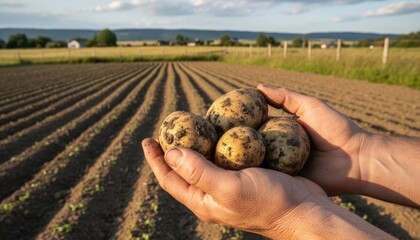 Hands Holding Freshly Harvested Potatoes in Field © redflower
