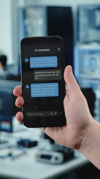 Hand holding smartphone with AI assistant chat on screen