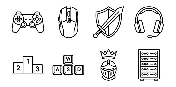 Gaming and e-sports vector line icons set illustrating competition, virtual adventure, hardware, and digital infrastructure for online entertainment and competitive play