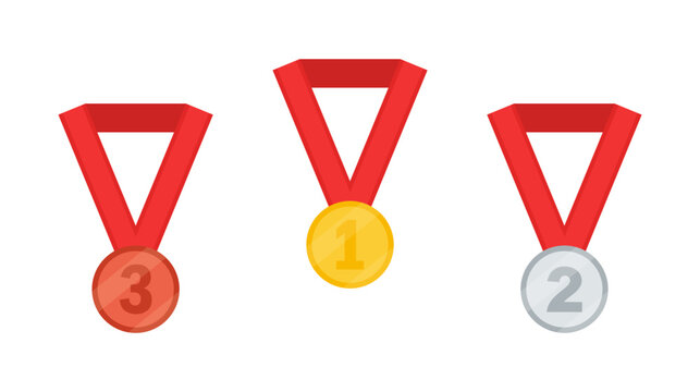 Gold, silver and bronze medal set with red ribbons. First second third place award icons