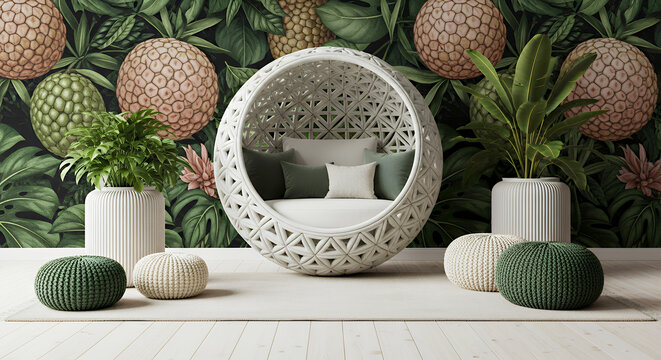 Tropical green and pink pineapple wallpaper with white woven circular chair and green plants