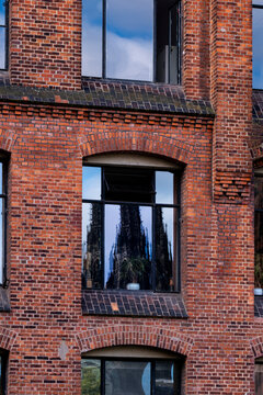 Brick facade window pattern on an urban building with grid shadow and rich texture highlighting architectural geometry in daylight
