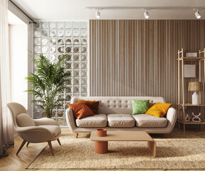 Scandinavian Living Room with Glass Block Wall, 3d render