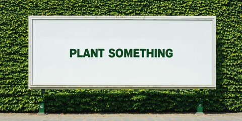 Obraz premium Billboard displays text Plant Something. Green ivy covers wall behind it. Simple message, clean design, outdoor advertising.