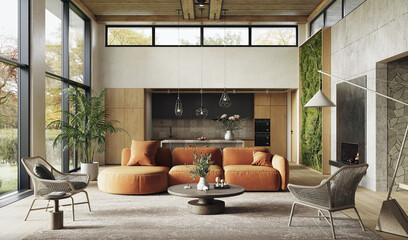 Spacious contemporary living room with double-height ceilings, 3d render