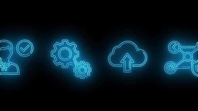 Neon blue glowing icon of a magnifying glass surrounded by connected text boxes and a checkmark on a black background with a futuristic and technological mood.