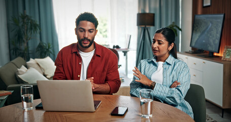 Couple, financial planning and discussion with laptop in home, loan and concern for low credit...