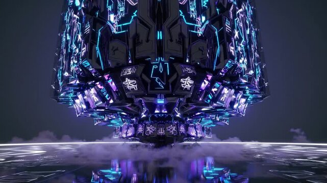 Futuristic hovering machine above reflective surface, neon circuitry pulses in blue and purple, metallic panels rotate revealing holographic symbols, mist drifts