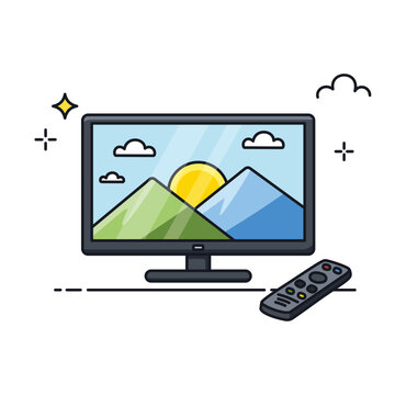 Smart TV Screen and Remote Control Isolated on White Background. Modern home entertainment concept ideal for advertising, app interface, website, banner, and technology illustration.