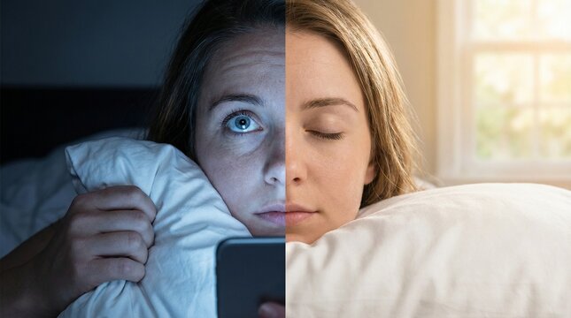 Woman's face split showing restless night and peaceful morning sleep.
