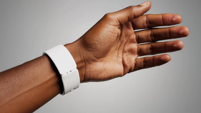 Close up of a dark-skinned hand wearing a white fitness tracker on wrist with gray background