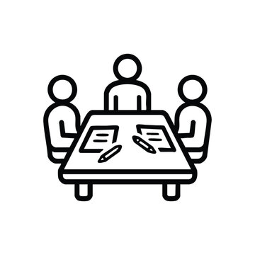 Government meeting icon black and white vector illustration of officials sitting at conference table with documents