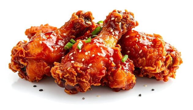 Spicy Crispy Fried Chicken Drumsticks with Red Sauce Isolated on White Background