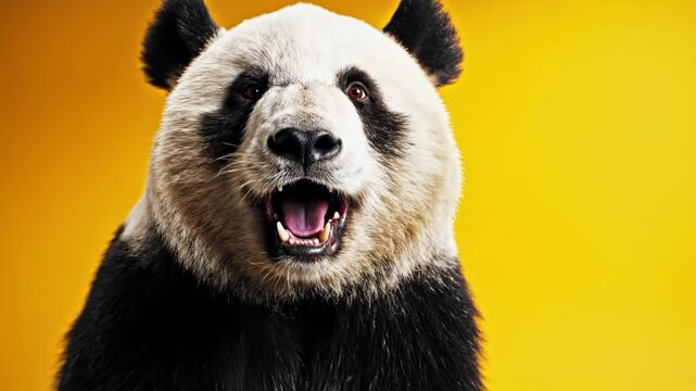Close-up of a giant panda with a shocked facial expression and open mouth showing teeth, set against a vibrant solid yellow and orange gradient background in a studio setting.