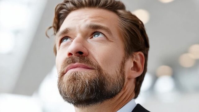 Contemplative Gaze: A close-up shot of a distinguished gentleman with a well-groomed beard gazes upward, exuding thoughtful reflection and intellectual curiosity.