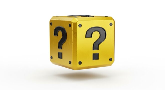 Golden question mark block floats in air on white background symbolizing mystery and inquiry in a 3d rendered scene with metallic texture and subtle shadow