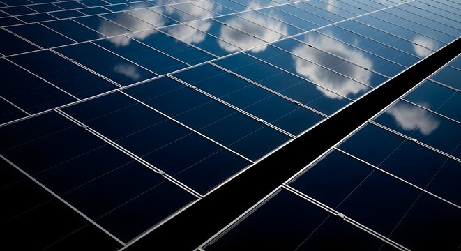Rows of solar panels on a rooftop reflecting the sky and clouds on a bright, sunny day