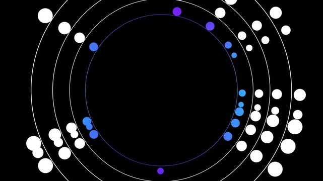 Simple 2d radial animation with rotating small balls around midle black circle empty space for logo template