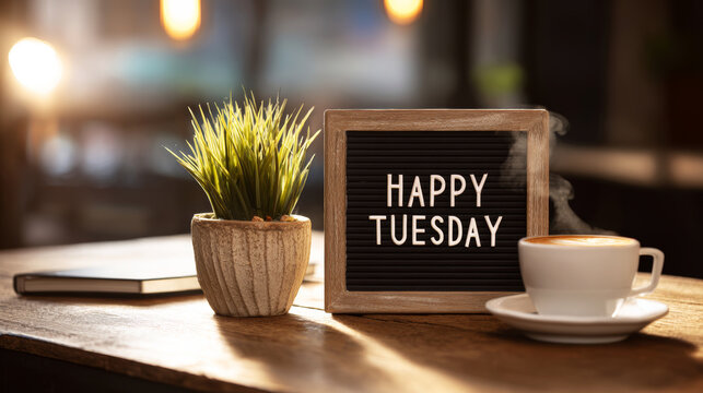 Cozy wooden desk scene presenting a letter board with happy Tuesday message, steaming coffee, and potted plant