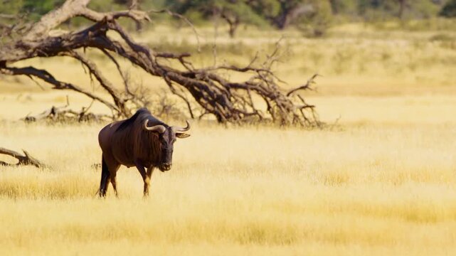 Slow motion footage of blue wildebeest (Connochaetes taurinus) Walking in grassland of Savanah