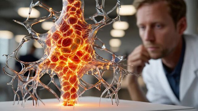Scientific Curiosity: A focused scientist gazes at a meticulously crafted, intricate structure, likely a model of biological process or concept.
