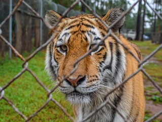 Obraz premium Close-up of a majestic tiger behind a chain-link fence, looking directly at the viewer with intense eyes.