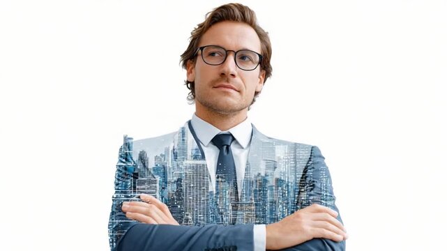 Visionary Entrepreneur with Cityscape Overlay: A determined entrepreneur stands confidently, his gaze fixed forward, his suit seamlessly integrated with a vibrant cityscape.