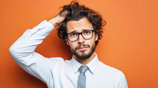 Young man, wearing glasses, scratching his messy head, expressing confusion and perplexity against a solid orange background