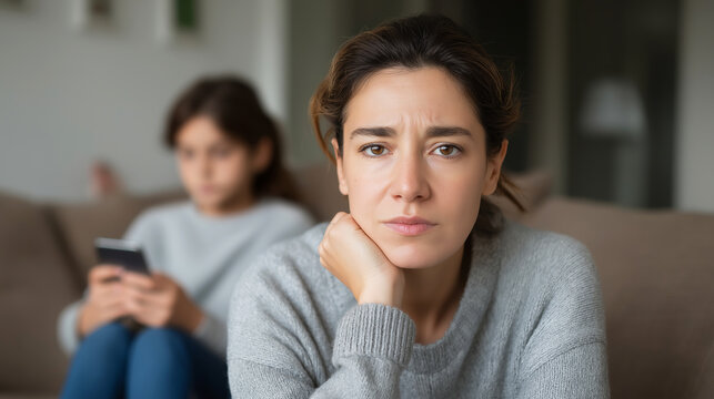 Worried mother looking at camera over child addicted to smartphone, digital parenting issue, family communication problem