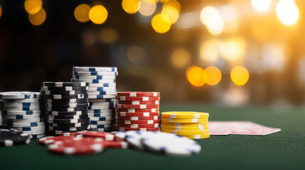 Naklejka premium Casino poker table displaying stacks of colorful chips and cards, gambling for risk and reward