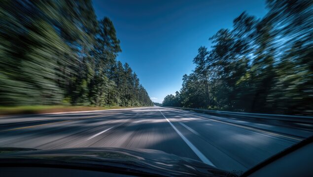 Dynamic Motion Blur on a Forest Highway Drive.