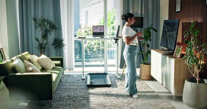 Remote, watching tv and relax with woman in house for channel surfing, streaming service and media subscription. Show, home cinema and movie entertainment with person in living room of apartment