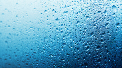 Obraz premium Blue tinted glass surface presenting numerous distinct water droplets, creating a captivating full frame liquid texture