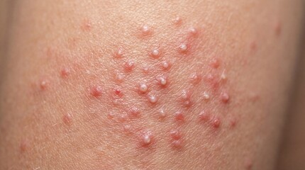 Fototapeta premium Skin rash detail tiny bumps closeup on human leg surface Health concept.