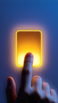 Finger Pressing Glowing Blank Digital Button on Futuristic Touch Interface
