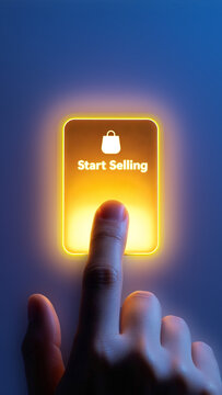 Start Selling Button with Finger Touch on Glowing Digital E-commerce Interface