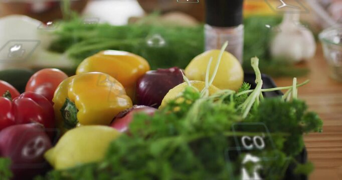 Camera racking to yellow pepper, sharpening clarity while AR tech icons drifting, showing freshness