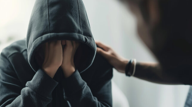 Person in hoodie showing despair, hands covering face while receiving comfort and emotional support