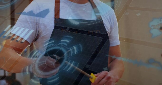 Cook picking up yellow peeler and scraping rod, blue HUD sweeping over hands preparing veg