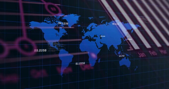 Blue map panning after update, bars sliding, numbers flashing, revealing monthly tech trends