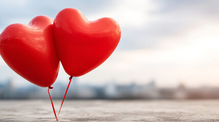 Fototapeta premium Two red heart balloons touching, symbolizing love, connection, and relationship on a textured surface