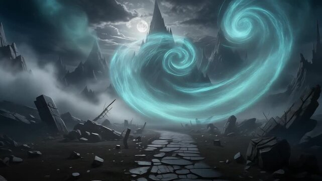 Mystical dark fantasy landscape with swirling blue magical energy and towering jagged mountains under full moon