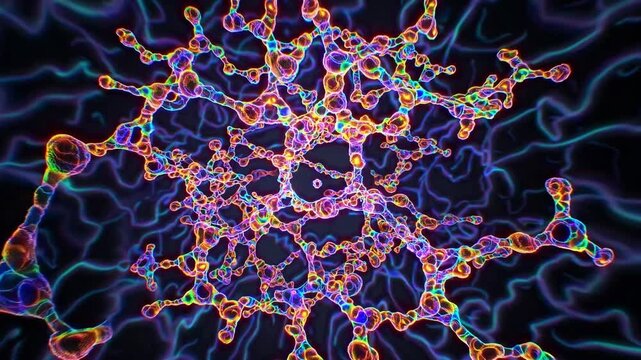 Glowing neural network web of nodes, electric pulses trace filament pathways across microscopic molecular web with luminous nodes, scientific and futuristic mood suited for biotech explainers,
