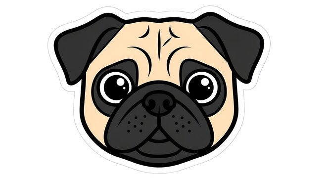 Adorable cartoon pug dog head illustration with big round eyes and a friendly expression on white background