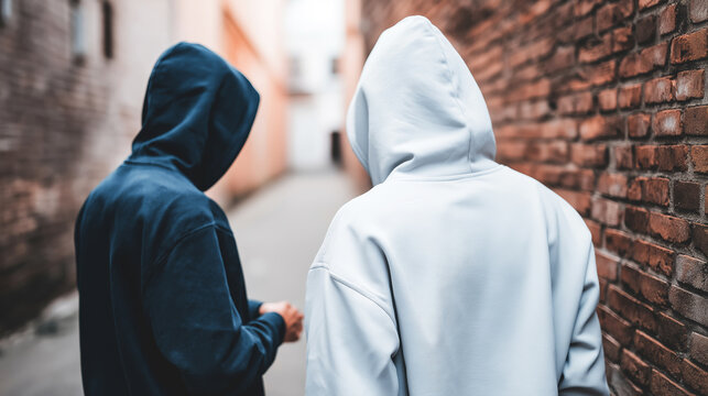 Two hooded figures meet in a dimly lit alley, creating a sense of secrecy, anonymity, and urban youth culture